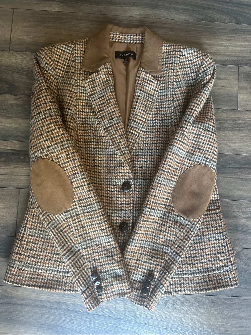 Talbots Brown Tan Multi-Color Houndstooth Blazer with Suede Elbow Patches